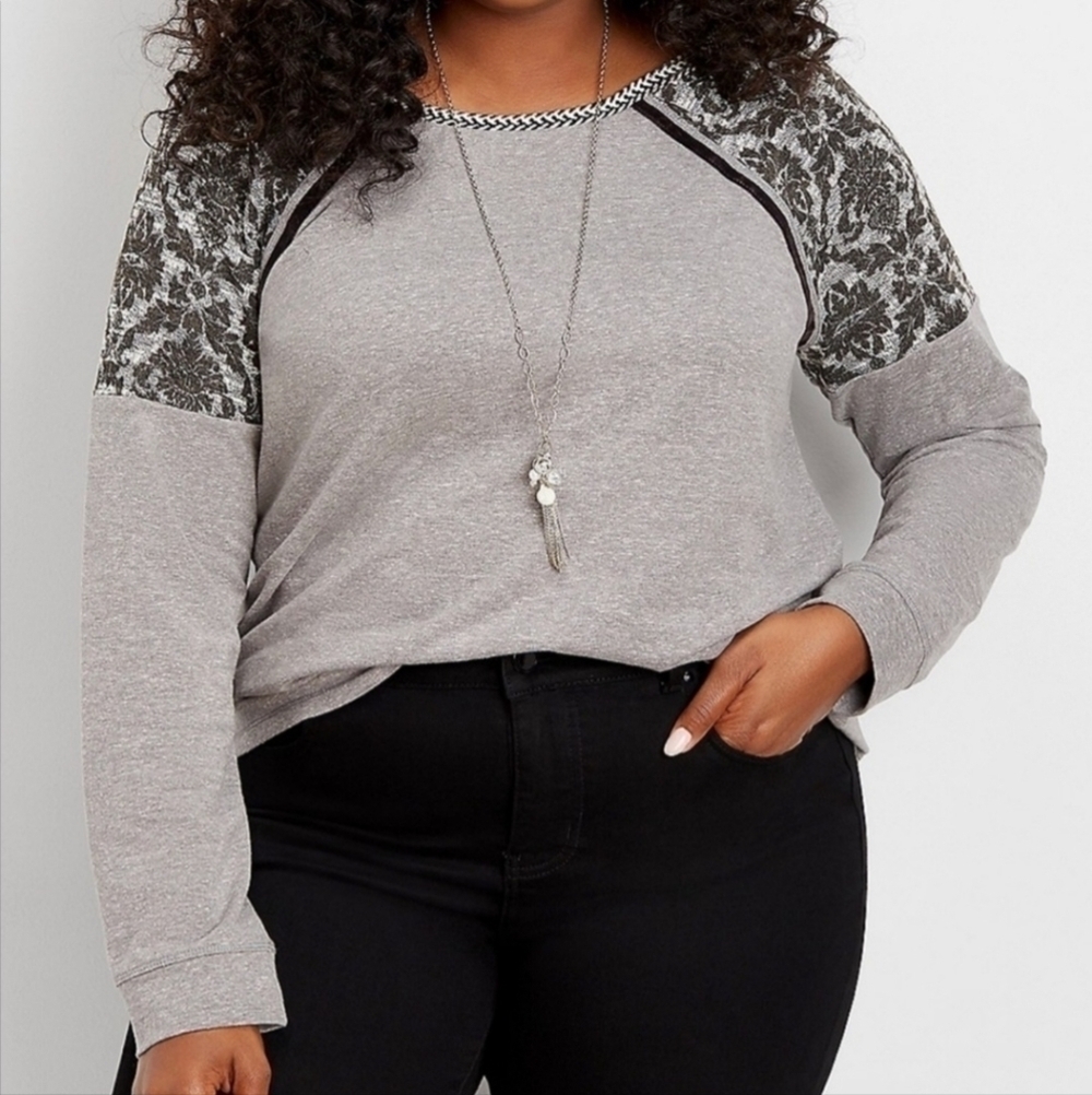 Maurices Printed Textured Shoulder Pullover Sweater Grey Floral Braided Neck EUC